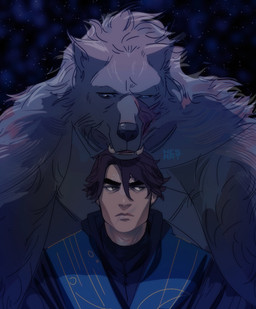 anthro cape clothing dark_hair duo eyebrows leaning_on_another male robe scar size_difference hesart elden_ring fromsoftware blaidd_(elden_ring) tarnished_(elden_ring) canid canine canis human mammal wolf 2022 hi_res