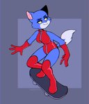 anthro big_breasts blue_body blue_fur breasts clothed clothing female footwear fur gloves half-closed_eyes handwear legwear leotard narrowed_eyes red_clothing red_leotard skateboard skateboarding skating smile vehicle wide_hips zipper zipper_leotard zipper_pull_tab thebiskvit atlus go!_go!_hypergrind sega penny_(ggh) domestic_cat felid feline felis mammal hi_res