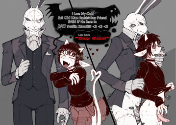 age_difference anal anal_penetration anthro arm_grab arm_hug black_tie_(suit) bodily_fluids canon_x_oc choker clothing cute_fangs dialogue duo ellipsis eyewear fangs femboy finger_in_mouth from_behind_position genitals gesture heart_symbol horn hug humanoid_genitalia humanoid_penis intentional_compression jewelry male male/male male_penetrated male_penetrating male_penetrating_male mature_anthro mature_male monocle necklace penetration penile penile_penetration penis penis_in_ass sex standing standing_sex suit surgical_suture sweat tail tail_gesture tail_heart teeth text dondon capcom devil_may_cry devil_may_cry_(netflix) don_(dondon) white_rabbit_(dmc) bovid caprine caprine_demon demon goat_demon goat_demon_humanoid horned_humanoid humanoid lagomorph leporid mammal rabbit 2025 compression_artifacts english_text