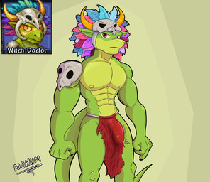 abs anthro bone bone_mask bottomwear bulge claws clothed clothing detailed_bulge doctor erection erection_under_skirt feathers genital_outline green_body loincloth loincloth_only looking_at_viewer magic_user male mask muscular muscular_anthro muscular_arms muscular_male nipples pecs penis_outline scales scaly_tail shaman skirt skull skull_accessory skull_mask solo stare staring_bird_mask tail text topless tribal tribal_outfit tribal_spellcaster witch nohum terraria shimmered_witch_doctor witch_doctor_(terraria) lihzahrd lizard reptile scalie english_text hi_res