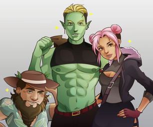 abs beard belt blonde_hair blush body_hair bolero bottomwear breasts brown_hair cleavage cleavage_cutout clothed clothing cutout eyebrows facial_hair female fingerless_gloves floral_print fully_clothed gloves green_body green_skin group hair hair_bun handwear happy_trail hat headgear headwear hoodie humanoid_pointy_ears leaf lips looking_at_viewer male muscular muscular_humanoid muscular_male navel nipples not_furry one_eye_closed pecs pink_hair pointy_ears shirt simple_background skirt smile sparkles topwear trio tusks underbite wink winking_at_viewer tokwaart drawfee_(copyright) drawtectives grendan_highforge gyorik_rogdul rose_(drawtectives) dwarf human humanoid mammal orc digital_media_(artwork) hi_res nonbinary_(lore)