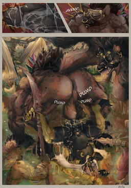 anal anthro anus backsack ball_tuft balls big_penis bodily_fluids breath butt claws cum cum_inside erection fur genital_fluids genitals group growling hair horn internal jewelry knot knotting male male/male male_penetrating muscular pawpads penetration penis piercing pump tail text tongue trio tuft artjackal mythology gala_(artjackal) anubian_jackal canid canine canis demon hybrid hyena jackal mammal mythological_creature spotted_hyena absurd_res comic hi_res