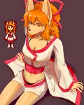 anthro asian_clothing bra breasts clothing east_asian_clothing female hair japanese_clothing kimono orange_hair reference_image sitting solo underwear mrepicco undertale_(series) undertale_yellow ceroba_ketsukane canid canine fox mammal hi_res