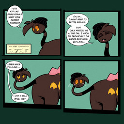 beanie brown_body brown_fur clothing dialogue eyelashes female fur hat headgear headwear living_tail male orange_sclera sharp_teeth solo speech_bubble spikes spikes_(anatomy) tail tail_head teeth text unusual_anatomy unusual_tail yellow_body yellow_fur trevor-fox nintendo pokemon kyp_(character) trevor-fox_(character) generation_2_pokemon girafarig pokemon_(species) 1:1 comic english_text hi_res nonbinary_(lore)