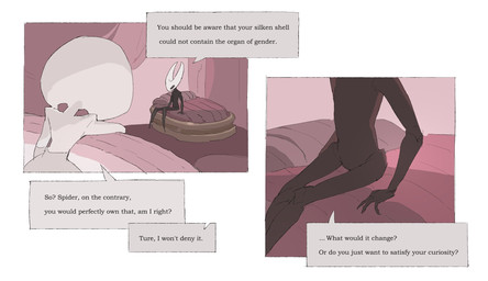 anthro bedroom biped black_body black_eyes border detailed_background dialogue duo empty_eyes featureless_crotch female female/female female_anthro female_humanoid humanoid_on_anthro inside looking_at_another looking_at_partner mouthless nude sitting spa speech_bubble talking_to_another talking_to_partner text white_body white_border white_eyes justdog hollow_knight:_silksong hollow_knight_(franchise) team_cherry hornet_(hollow_knight) lace_(hollow_knight:_silksong) arthropod humanoid 2025 comic digital_drawing_(artwork) digital_media_(artwork) english_text hi_res
