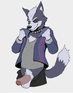anthro ball_tuft balls black_bottomwear black_clothing black_nose bottomwear clothed clothing collar crotch_tuft erection eye_patch eyewear foreskin fur genitals green_clothing green_topwear grey_balls grey_body grey_fur humanoid_genitalia humanoid_penis jacket looking_at_viewer male pants partially_clothed partially_retracted_foreskin penis purple_clothing purple_topwear scar shirt simple_background smile solo spiked_collar spikes tail tan_penis topwear tuft white_background delirost nintendo star_fox wolf_o'donnell canid canine canis mammal wolf 2018 digital_media_(artwork) hi_res signature