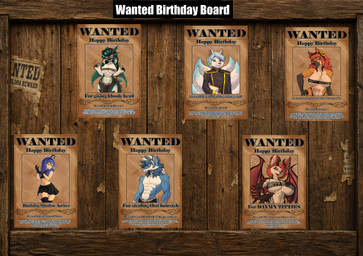 9_tails female half_naked happy_birthday male multi_tail tail text wanted_board wanted_posters bear213 aquatic bat canid canine canis fish fox humanoid mammal shark wolf absurd_res english_text half-length_portrait hi_res portrait