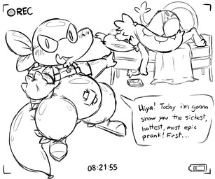 bodily_fluids bubble carrot clothing dialogue food inflatable kerchief long_ears long_tail plant prank recording sleeping snoring snot snot_bubble snout tail tape text underwear vegetable buoyantbliss buoyantbliss_(character) flipstick_(character) animate_inanimate floating_bandinero living_inflatable 2025 6:5 english_text monochrome