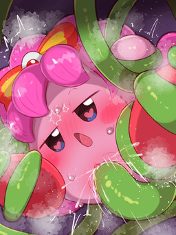 accessory black_background blush blushing_profusely bodily_fluids bow_ribbon clitoris female front_view genital_fluids genitals hair hair_accessory hair_bow hair_ribbon half-closed_eyes heart_pupils heart_symbol monotone_body monotone_hair musk narrowed_eyes open_mouth penetration pink_body pink_hair restrained restrained_arms restrained_by_tentacles restrained_legs ribbons sex shaking short_hair simple_background solo straight_hair suspended_via_tentacles suspension sweat tentacle_in_vagina tentacle_penetration tentacle_sex tentacles tentacles_around_arms tentacles_around_legs thrust_lines thrusting tongue_showing tremble_lines trembling vaginal vaginal_fluid_splatter vaginal_fluids vaginal_penetration vulva badwingm kirby_(series) nintendo kirby waddling_head 2025 3:4 digital_drawing_(artwork) digital_media_(artwork) hi_res shaded soft_shading