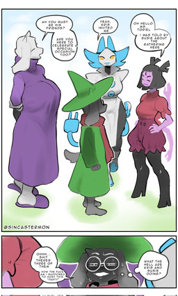 anthro biped black_hair blue_body bodily_fluids bulge cable_tail clothed clothing dialogue eyewear female glasses greeting group gynomorph hair hat headgear headwear intersex machine male multi_arm multi_limb profanity purple_body simple_background smile speech_bubble sweat text thought_bubble white_background white_body yellow_eyes sincastermon deltarune undertale undertale_(series) muffet ralsei tasque_manager toriel arachnid arthropod bovid caprine domestic_cat felid feline felis goat mammal robot spider comic digital_media_(artwork) english_text hi_res