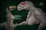 absurd_res anthro big_breasts blue_(jurassic_world) blue_stripes bodily_fluids breasts delta_(jurassic_world) dinosaur dromaeosaurid feet female female/female fingering forest genital_fluids group hi_res hybrid hypnosis hypnotic_eyes indominus_rex jungle jurassic_park jurassic_world kissing laser laser_pointer lindwormduality military_gear mind_control muscular muscular_female night osteoderms plant pupils quills_(anatomy) red_eyes reptile saliva saliva_string scales scalie scutes shaking sharp_teeth shivering slit_pupils stripes surprised_expression talons teeth theropod toes tongue tongue_out tree trio universal_studios vaginal_fluids velociraptor yellow_eyes