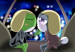 anthro big_head blush bottomless clothed clothing duo eyes_closed fin green_body green_skin grey_body grey_skin hand_on_leg inside kissing looking_at_another male male/male open_clothing purple_eyes side_view sitting tail tail_fin toony white_body white_skin unknown_artist sgt._frog keroro tamama amphibian keronian scalie