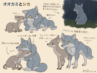 ambiguous_gender bodily_fluids brown_body brown_fur countershading duo eyes_closed feral fur grey_body grey_fur hooves lying multicolored_body quadruped raining simple_background sitting smile tail text tuft yellow_eyes fusau canid canine canis deer mammal wolf 2025 hi_res japanese_text
