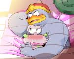 anthro beanie bed blush clothing duo furniture hat headgear headwear hug lying male male/male overweight resting size_difference garouzuki kirby:_right_back_at_ya! kirby_(series) nintendo escargoon king_dedede avian bird gastropod mollusk penguin snail 2013