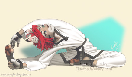 anthro blue_eyes focused hair male red_hair solo stretching stretching_arms taekwondo yoga fiuefey taryn_crimson felid feline lynx mammal hi_res