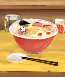 black_body black_fur bowl chibi chopsticks container detailed_background food fur micro noodles ramen smile solo swim_ring white_body white_fur araru bear giant_panda mammal 2019