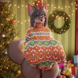 anthro areola belly big_belly big_breasts big_nipples blue_eyes bottomless box breast_jiggle breasts christmas_clothing christmas_decorations christmas_lights christmas_present christmas_topwear christmas_tree clothed clothing clothing_lift container curvy_figure erect_nipples eyewear female genitals gift gift_box grey_areola grey_body grey_nipples hanging_breasts holding_clothing holding_object holidays huge_breasts hyper hyper_breasts inside jiggling looking_at_viewer mostly_nude navel nipple_dip nipple_outline nipples plant presenting presenting_breasts sagging_breasts slightly_chubby slightly_chubby_anthro slightly_chubby_female smile smiling_at_viewer solo sweater sweater_lift thick_thighs topwear tree undressing undressing_self voluptuous vulva wide_hips wreath orilas christmas hilwu canid canine fox mammal 1:1 2025 3d_(artwork) 3d_animation animated blender_(artwork) digital_media_(artwork) no_sound short_playtime webm