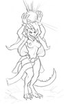 accessory anthro bottomwear breasts claws clothing female furgonomics gold_(metal) green_body horn horn_accessory hornband loincloth nipples solo tail riversnailnsfw mythology adressa_(sindri) dragon mythological_creature mythological_scalie scalie digital_media_(artwork) hi_res monochrome