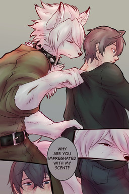 aged_down angry anthro arm_grab belt bite_mark bite_mark_on_neck black_nose black_tipped_ears blue_eyes blush blush_lines bottomwear clothed clothed_anthro clothed_human clothing clothing_pull collar collared_shirt denim denim_bottomwear denim_clothing duo fluffy fluffy_chest fully_clothed fully_clothed_anthro fully_clothed_human fur grey_hair hair hair_over_eye human_on_anthro inner_ear_fluff interspecies jeans larger_anthro larger_male male narrowed_eyes pants red_eyes rolled_up_sleeves scar scent scent_marking shirt shirt_pull simple_background size_difference speech_bubble spiked_collar spikes suspicious text time_paradox topwear topwear_pull tuft white_body white_fur white_inner_ear_fluff vaguro mihoyo zenless_zone_zero von_lycaon wise_(zenless_zone_zero) canid canine canis human mammal thiren wolf 2:3 english_text hi_res