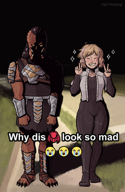 armor caption claws clothed clothing crying_emoji duo emoji eyes_closed female gesture glowing glowing_eyes hand_gesture machine male night not_furry outside smile sparkles teeth text toe_claws unitard v_sign norithelord predator:_badlands predator_(franchise) why_dis_look_so_mad_(meme) dek_(predator) thia_(predator) alien android humanoid robot yautja 2025 artist_name english_text hi_res meme