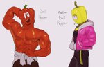 abs bell_pepper biceps biped bottomwear butt clothed clothing duo eyebrows food fruit male muscular muscular_humanoid muscular_male nipples not_furry open_mouth open_smile pants pecs pepper_(fruit) plant red_body shirt simple_background smile standing sweater teeth text topless topwear yellow_body kogito elemental_creature elemental_humanoid flora_fauna food_creature food_humanoid fruit_humanoid humanoid living_fruit plant_humanoid 2023 absurd_res digital_media_(artwork) english_text hi_res