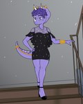 anthro armband black_clothing black_dress clothing dress facial_horn female footwear freckles front_view hair hand_on_hip high_heels horn looking_at_viewer low-angle_view markings pose purple_body purple_eyes purple_hair purple_scales scales shoes short_hair smile solo spots spotted_markings standing shock_trooper_(artist) cavemanon_studios goodbye_volcano_high snoot_game trish_(gvh) ceratopsian dinosaur ornithischian prehistoric_species reptile scalie triceratops colored hi_res