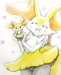 ^_^ ambiguous_gender anthro arm_tuft big_ears big_tail black_body black_fur black_legs blush chest_tuft doll eyes_closed featureless_crotch fingers flower_symbol fluffy fluffy_tail fur happy holding_doll holding_object holding_toy inner_ear_fluff kemono orange_body orange_fur orange_nose pink_tongue plushie shoulder_tuft small_nose smile solo stick stick_in_tail tail tongue toy tuft white_arms white_body white_face white_fur wooden_stick yellow_body yellow_ears yellow_fur yellow_tail eiroru nintendo pokemon braixen canid canine generation_6_pokemon mammal pokemon_(species) 2024 colored colored_pencil_(artwork) half-length_portrait hi_res portrait traditional_media_(artwork)