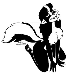 anthro bedroom_eyes breasts female fur grin hair narrowed_eyes nipples seductive smile solo tail whiskers tegerio zandar's_saga zandar_skonk mammal mephitid skunk 2024 black_and_white hi_res monochrome