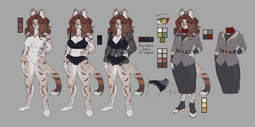 anthro belt bottomwear breasts clothed clothing costume featureless_breasts featureless_crotch female hair lace_panties lingerie looking_at_viewer markings nude office_clothing palette shirt skirt smile smug solo spots spotted_body standing tail text topwear underwear wolfcut nmor_who kaye_(nmor_who) felid feline mammal serval digital_media_(artwork) english_text full-length_portrait hi_res model_sheet portrait sketch