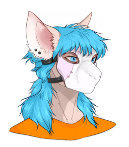 alternate_species anthro blue_eyes blue_hair clothed clothed_anthro clothed_male clothing ear_piercing ear_stud furrification hair long_hair male male_anthro mask orange_clothing orange_topwear piercing simple_background solo topwear wearing_mask white_background kaurimoon sally_face sal_fisher domestic_cat felid feline felis mammal 2018 bust_portrait hi_res portrait