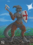 anthro axe breasts christian_cross christian_symbol cloud cross female genitals hatchet nipples non-mammal_breasts non-mammal_nipples outside pussy religion shield solo text hofi-peak christianity kobold scalie black_and_white digital_drawing_(artwork) digital_media_(artwork) english_text greyscale hi_res monochrome signature