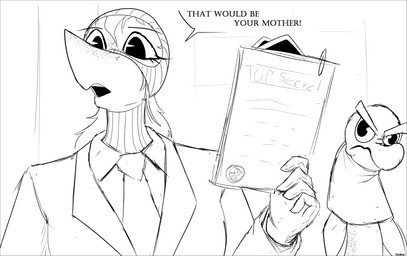 anthro balaclava business_suit clothing cosplay crossover_cosplay dialogue eyelashes female file file_folder freckled_face freckled_tail freckles gloves hand_puppet handwear long_eyelashes long_tail mask open_mouth snout solo suit tail tail_tuft text tuft yeik_art cavemanon_studios puppet_pals snoot_game team_fortress_2 valve judee spy_(team_fortress_2) dinosaur prehistoric_species reptile saurischian scalie theropod troodon troodontid 2026 artist_name crossover english_text hi_res monochrome watermark