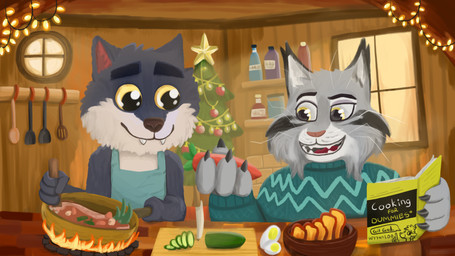 anthro bowl christmas_decorations christmas_tree container cooking duo grey_body holidays male plant text tree whiskers wyyan100 christmas disney intermarche_unloved zootopia pawbert_lynxley the_first_wolf_(unloved) canada_lynx canid canine canis felid feline lynx mammal wolf 16:9 4k absurd_res english_text hi_res widescreen