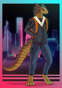 anthro backpack bottomwear brown_body claws clothed clothing denim denim_bottomwear denim_clothing detailed_background gradient_background green_eyes jacket jeans long_tail looking_aside male pants paws scales simple_background smile solo standing tail text topwear white_sclera wolfarion armadillo_girdled_lizard girdled_lizard lizard reptile scalie 2020 absurd_res artist_name colored hi_res shaded