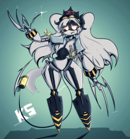 accessory alternate_costume armor artist_initials blade_fingers bottomless chain_accessory christian_cross christian_symbol claws clothed clothing cosplay costume cross crossover_cosplay crucifix cyan_background featureless_chest featureless_crotch female glistening glistening_claws glowing glowing_eyes hair hair_accessory halloween_costume hat hazard_stripes headgear headwear holidays long_hair looking_at_viewer machine mostly_nude not_furry open_mouth open_smile pauldron pauldron_only religion religious_symbol screen_eyes shoulder_pads simple_background small_waist smile solo stinger stinger_tail syringe_tail tail text thick_thighs twintails_(hairstyle) wasp_waist white_body white_hair wide_hips lkairosartl christianity glitch_productions halloween murder_drones the_gaslight_district constable_j diligence_(the_gaslight_district) j_(murder_drones) disassembly_drone humanoid robot robot_humanoid tailed_humanoid 2025 artist_name cel_shading crossover full-length_portrait portrait shaded