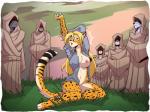 amber_eyes anthro blonde_hair breasts clothing female fur grass group hair long_hair nipples one_breast_out orange_body orange_eyes orange_fur plant robe shirt spots stretching topwear holtz mihari canid canine cheetah felid feline mammal 4:3