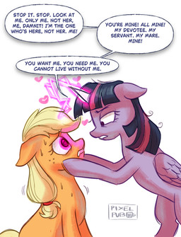 bodily_fluids cartoon_freckles doppleganger duo eyelashes female feral freckled_face freckles heart_symbol horn hypnosis long_eyelashes magic mind_control simple_background speech_bubble sweat text wings pixelpub friendship_is_magic hasbro my_little_pony mythology applejack_(mlp) mean_twilight_sparkle_(mlp) earth_pony equid equine horse mammal mythological_creature mythological_equine pony winged_unicorn english_text hi_res