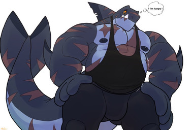 anthro belly big_belly big_bulge big_hands black_bottomwear black_clothing black_nipples black_pants black_sclera black_shirt black_topwear bottomwear bulge clothed clothing dialogue hands_on_legs hands_on_thighs hungry male musclegut muscular muscular_anthro muscular_arms muscular_male nipples non-mammal_nipples orange_eyes pants pecs scar scars_all_over shark_tail shirt simple_background solo tail text thick_tail thought_bubble topwear white_background same22shark nelson_(same22shark) aquatic fish shark 2022 digital_media_(artwork) english_text portrait three-quarter_portrait
