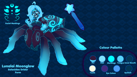 anthro bioluminescence blue_body blue_fur blue_hair breasts buckteeth clothed clothing eyelashes fangs female fingers fur glowing hair looking_at_viewer open_mouth pedipalps pen purple_body purple_eyes purple_fur scut_tail short_tail simple_background smile solo tail teeth text topwear lunalaimoonglow mythology vtuber lunalai arachnid arachnid_taur arthropod arthropod_taur lagomorph leporid mammal mythological_creature rabbit selenidae_drider selenidae_jumping_spider selenidae_jumping_spider_drider spider spider_taur taur absurd_res artist_name clip_studio_paint_(artwork) colored digital_drawing_(artwork) digital_media_(artwork) english_description english_text flat_colors full-length_portrait hi_res model_sheet portrait shaded signature