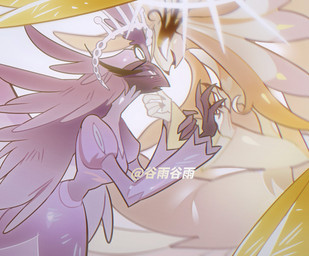 anthro beak blonde_hair blush breasts brown_body brown_skin clothed clothing dark_body dark_skin dress duo eye_contact eyelashes feathered_wings feathers female female/female glowing glowing_eyes grey_hair hair halo long_eyelashes long_hair looking_at_another mature_anthro mature_female multi_wing non-mammal_breasts wings yellow_body yellow_feathers guyu68287625 hazbin_hotel hellaverse sera_(hazbin_hotel) speaker_of_god_(hazbin_hotel) angel avian bird deity seraph_(angel) hi_res