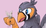 beak blue_eyes claws duo feathered_wings feathers feral grey_body male micro paws size_difference spots wings gyrotech tsitra360 mythology der ruzzy avian gryphon mythological_avian mythological_creature zebra_finch hi_res