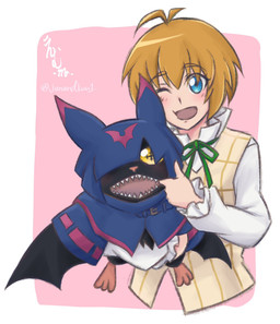 anthro black_body black_fur blonde_hair blue_eyes blush cloak clothing cowl duo fur hair male one_eye_closed sharp_teeth size_difference smile teeth wings wink yellow_eyes junandkuu bandai_namco digimon digimon_beatbreak makoto_kuonji chiropmon digimon_(species) human mammal hi_res