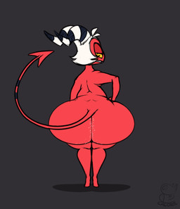 big_butt black_background black_eyes black_horn body_hair butt butt_hair butt_squish hair hand_on_butt hand_on_own_butt horn huge_butt logo looking_at_viewer looking_back looking_back_at_viewer male not_furry rear_view red_body red_skin red_tail shortstack shortstack_male simple_background solo spade_tail squish striped_horn stripes tail teeth white_hair white_horn yellow_sclera calorie hellaverse helluva_boss moxxie_(helluva_boss) demon humanoid imp 2026 alternate_version_at_source artist_logo colored digital_media_(artwork) flat_colors