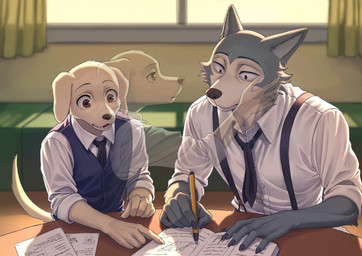 accessory anthro clothed clothing duo fingers fur furniture grey_body grey_fur holding_object holding_writing_utensil male male/male necktie paper sitting suspenders table tail topwear writing_utensil nyeong beastars jack_(beastars) legoshi_(beastars) bird_dog canid canine canis domestic_dog hunting_dog labrador mammal retriever wolf digital_media_(artwork) hi_res