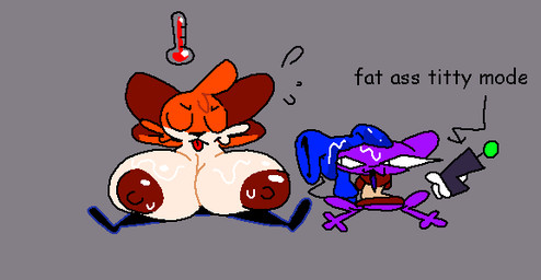 3_toes ambiguous_gender anthro areola big_areola big_breasts big_ears big_nipples black_eyes black_nose blue_clothing blue_hoodie blue_topwear bottomless bottomless_ambiguous breasts brown_areola brown_ears brown_markings brown_nipples cheek_tuft clothed clothing crossgender duo eyes_closed facial_tuft featureless_crotch feet female fur glistening glistening_areola glistening_breasts glistening_nipples gloves_(marking) grey_background gun hair holding_gun holding_object holding_ranged_weapon holding_weapon hoodie huge_areola huge_breasts hyper hyper_areola hyper_breasts laser_gun light looking_at_viewer male markings monotone_body monotone_skin mtf_crossgender multicolored_body multicolored_fur multicolored_skin nipples open_mouth open_smile orange_body orange_fur orange_hair orange_skin pupils purple_body purple_skin raised_clothing raised_topwear ranged_weapon red_tongue scientific_instrument shirt shirt_only simple_background slim_ambiguous slim_anthro slit_pupils smile snout tan_clothing tan_sweater tan_topwear text thermometer toes tongue topless topless_anthro topless_female topwear topwear_only tuft two_tone_body two_tone_fur weapon wet wet_clothing white_body white_fur white_sclera white_skin superiorfox bob_(superiorfox) soups_(superiorfox) alien alien_cat canid canine canis felid feline felis fox mammal red_fox true_fox 2025 bust_portrait colored digital_drawing_(artwork) digital_media_(artwork) english_text flat_colors lighting portrait shaded simple_shading