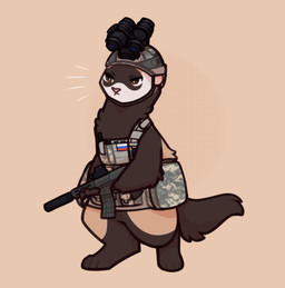 armor clothing facial_markings feral fluffy fluffy_tail fur furry_tail gun head_markings headgear helmet male markings mask_(marking) military_uniform multicolored_body night_vision_goggles pink_nose ranged_weapon russian_flag simple_background solo standing tail tan_background two_tone_body uniform weapon shiones fenrir_the_ferret domestic_ferret mammal mustelid musteline true_musteline weasel digital_drawing_(artwork) digital_media_(artwork) hi_res