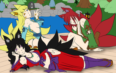 asian_clothing bath black_hair blonde_hair blue_eyes breasts cleavage clothed clothing east_asian_clothing facial_markings female flower grass green_eyes group hair head_markings hot_spring japanese_clothing jewelry kissing lamp lantern looking_at_viewer markings multi_tail necklace outside plant purple_eyes red_hair ribbons rock tail tattoo tree water wedgeskyrocket corruption_of_champions animal_humanoid canid canid_humanoid canine canine_humanoid fox_humanoid humanoid mammal mammal_humanoid 16:10 widescreen