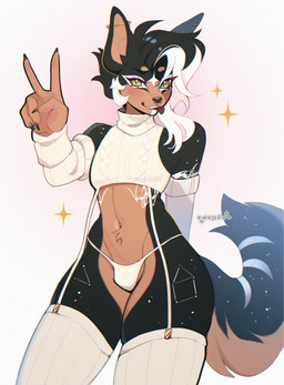 5_fingers anthro armwear black_body black_claws black_fur black_hair bulge claws clothing ear_piercing eyelashes facial_piercing femboy fingers fur gesture hair hand_gesture legwear looking_at_viewer male markings multicolored_hair navel nose_piercing orange_body orange_fur piercing simple_background snout star_(marking) stockings sweater tail teeth thong tongue tongue_out topwear two_tone_hair underwear v_sign virgin_destroyer_sweater white_armwear white_clothing white_hair white_legwear white_markings white_stockings white_sweater white_thong white_topwear white_underwear yellow_eyes cepto_(artist) meme_clothing canid canine canis domestic_dog mammal colored colored_sketch digital_drawing_(artwork) digital_media_(artwork) hi_res meme shaded sketch