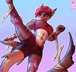 abs angry anthro bottomwear bra clothing ear_piercing facial_piercing female furgonomics hair kick muscular muscular_anthro muscular_female muscular_thighs navel navel_piercing nose_piercing piercing pink_eyes pink_hair scar shorts simple_background solo sports_bra standing tail thick_tail thick_thighs underwear wounded kawfee fish marine shark 2018 digital_media_(artwork) hi_res