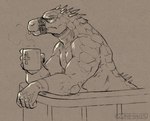 ankh anthro blep chest_tattoo container crocodile crocodilian crocodylid cup daylon_(dislyte) dislyte facial_markings head_markings holding_container holding_cup holding_object lilith_games male markings mouth_strap muscular muscular_male nude reptile scalie solo spikes tattoo tongue tongue_out zinthings